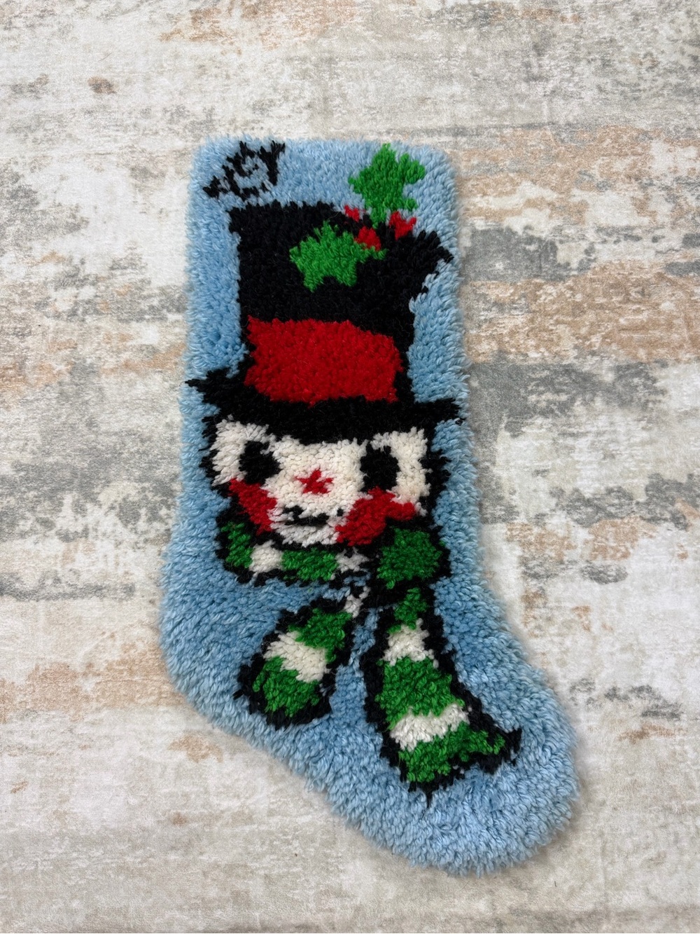 Vintage Christmas Stocking Latch Hook Completed Snowman Shag 22”